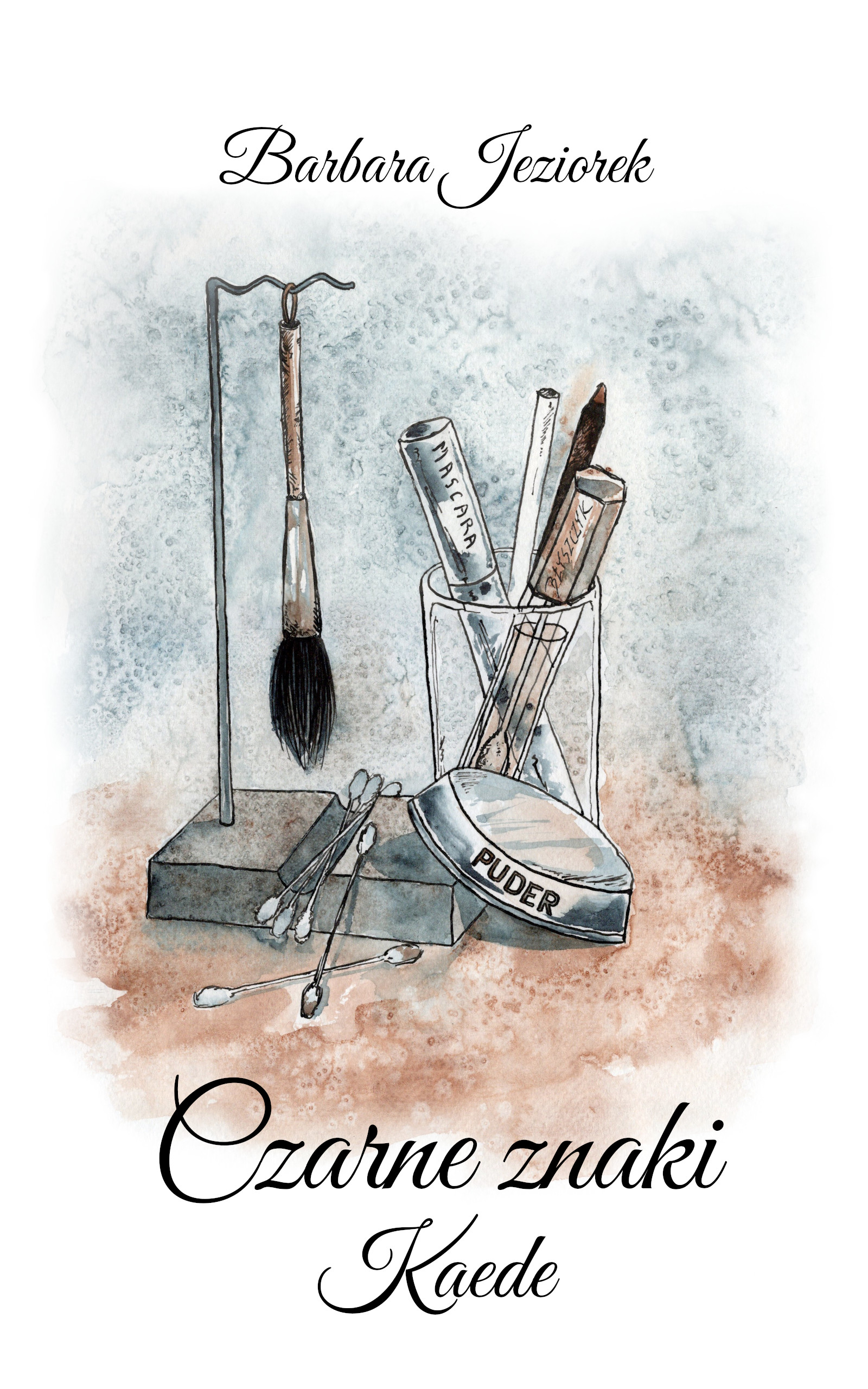 Okładka książki 'Czarne znaki: Kaede' przedstawia obraz akwarelowy przedstawiający pędzel do kaligrafii wymieszany z kosmetykami do makijażu, obraz w kolorach brudnych błękitów i sepii