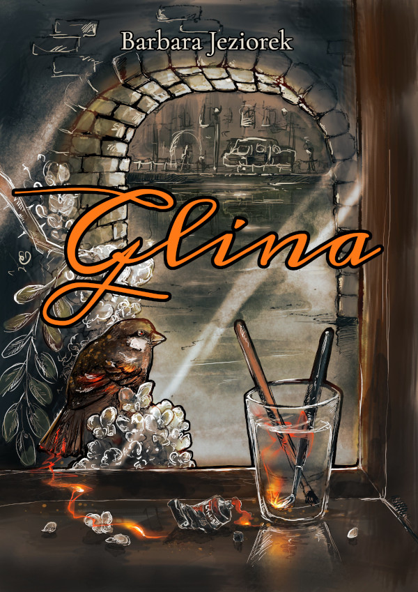 Okładka książki 'Glina' przedstawia cyfrowy obraz widoku z okna na ponure miasto oraz wróbla siedzącego na kwitnącej akacji